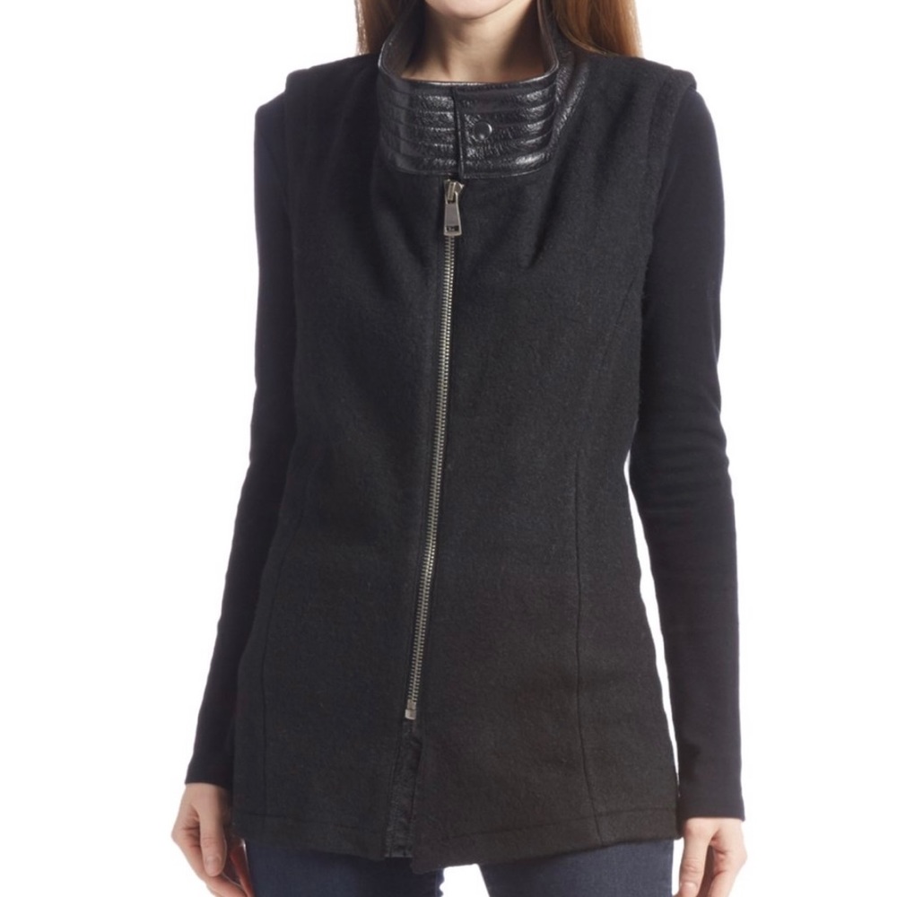 Black Wool Blend & Faux Leather Moto Vest